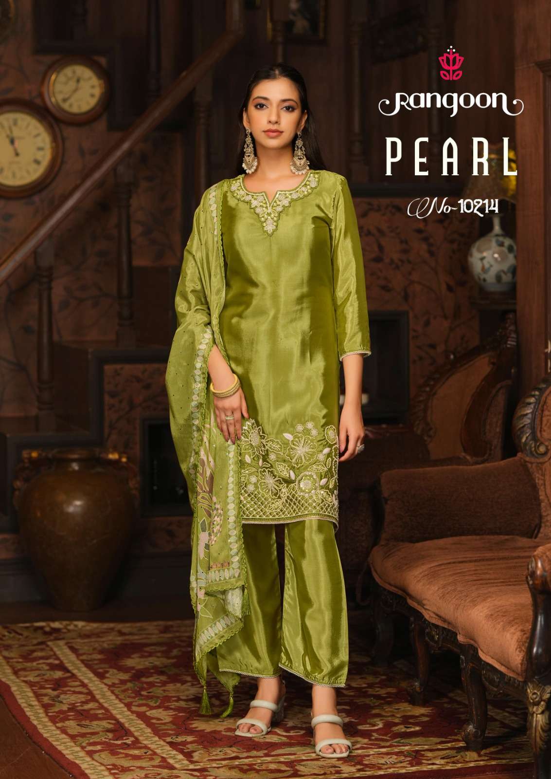 PEARL BY RANGOON IN GOLD CRUCH WITH FANCY BEATS WORK & FULL INNER TOP BOTTOM & DUPATTA
