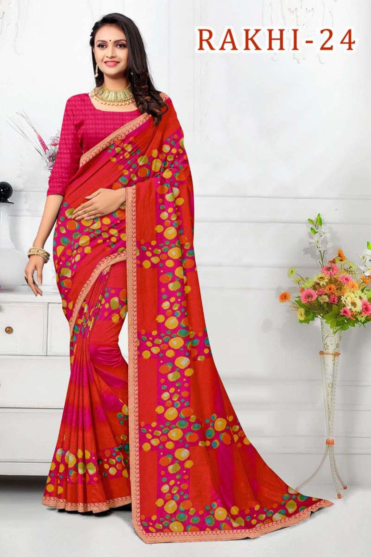 RAKHI-24 BY TEXOFAB IN RANIAL GEORGETTE ALL OVER PRINTED SAREE WITH BORDER 