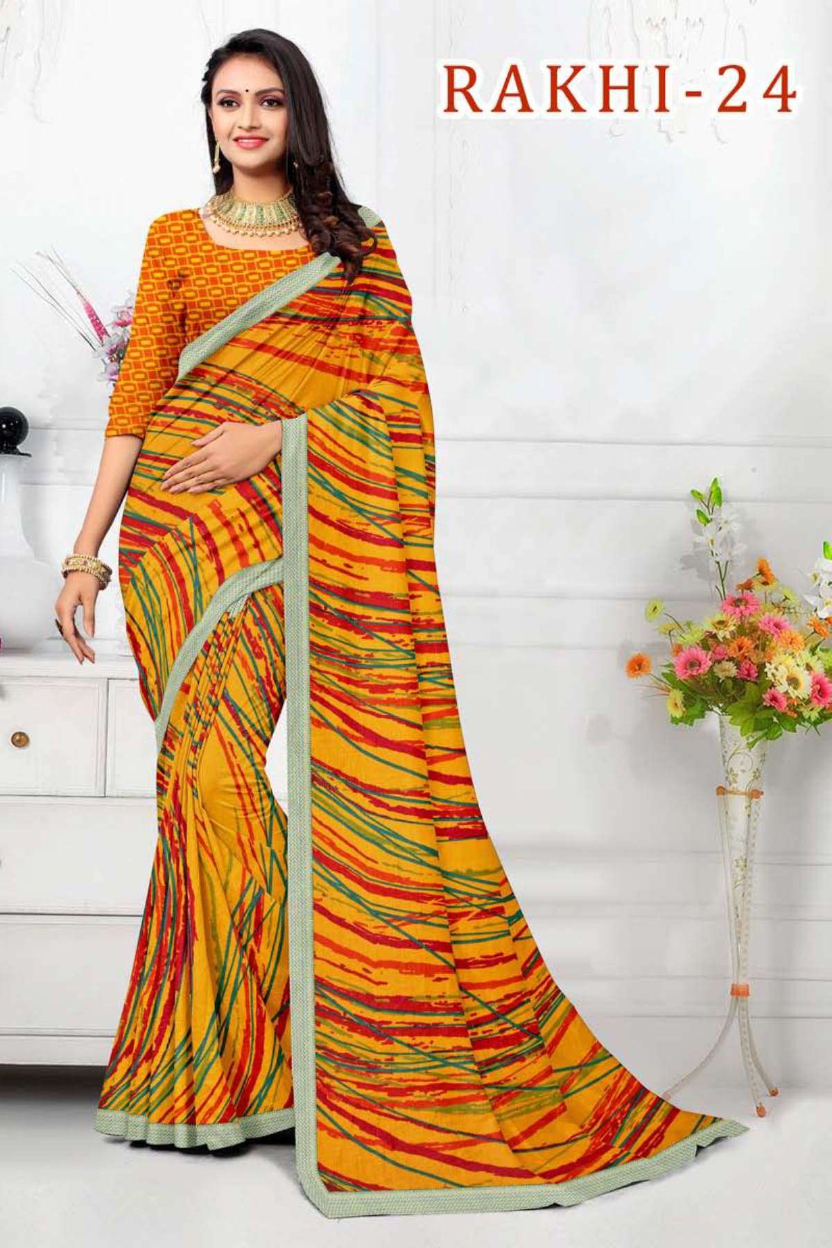 RAKHI-24 BY TEXOFAB IN RANIAL GEORGETTE ALL OVER PRINTED SAREE WITH BORDER 