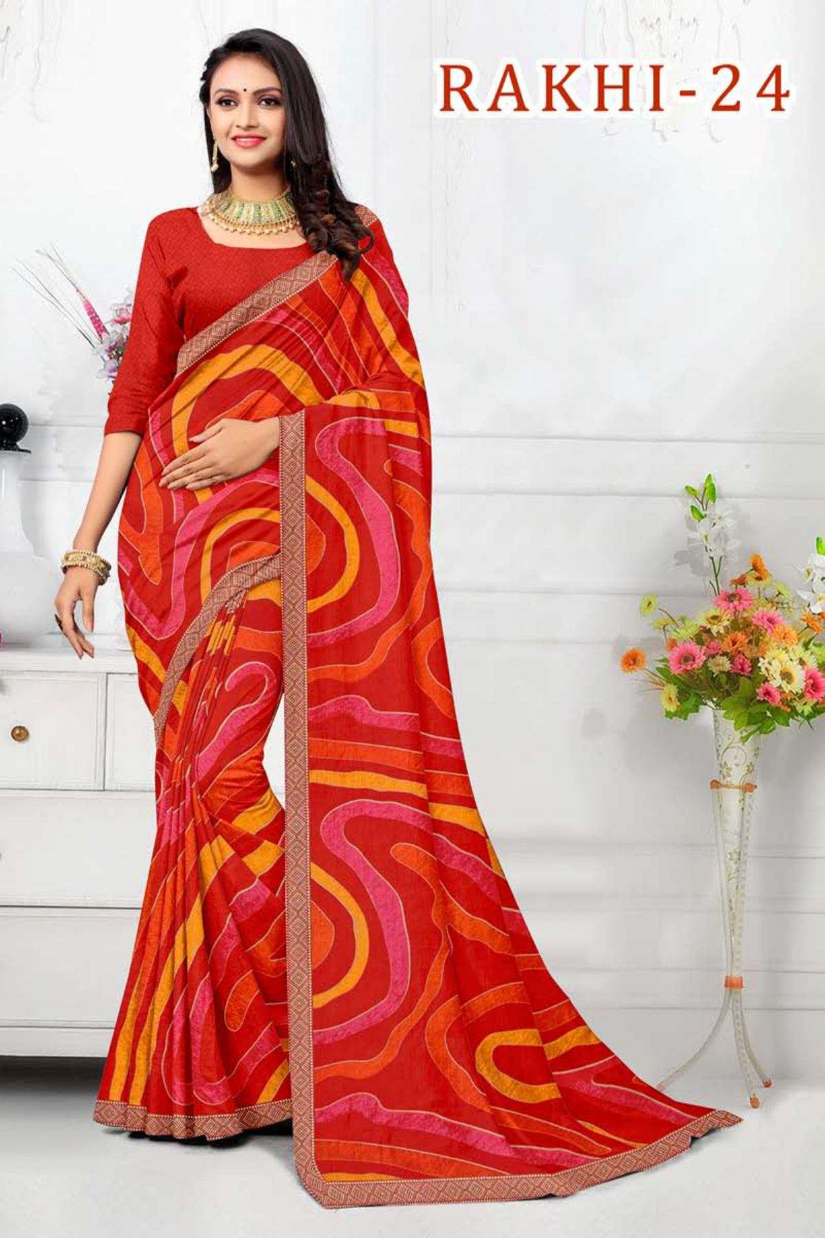 RAKHI-24 BY TEXOFAB IN RANIAL GEORGETTE ALL OVER PRINTED SAREE WITH BORDER 