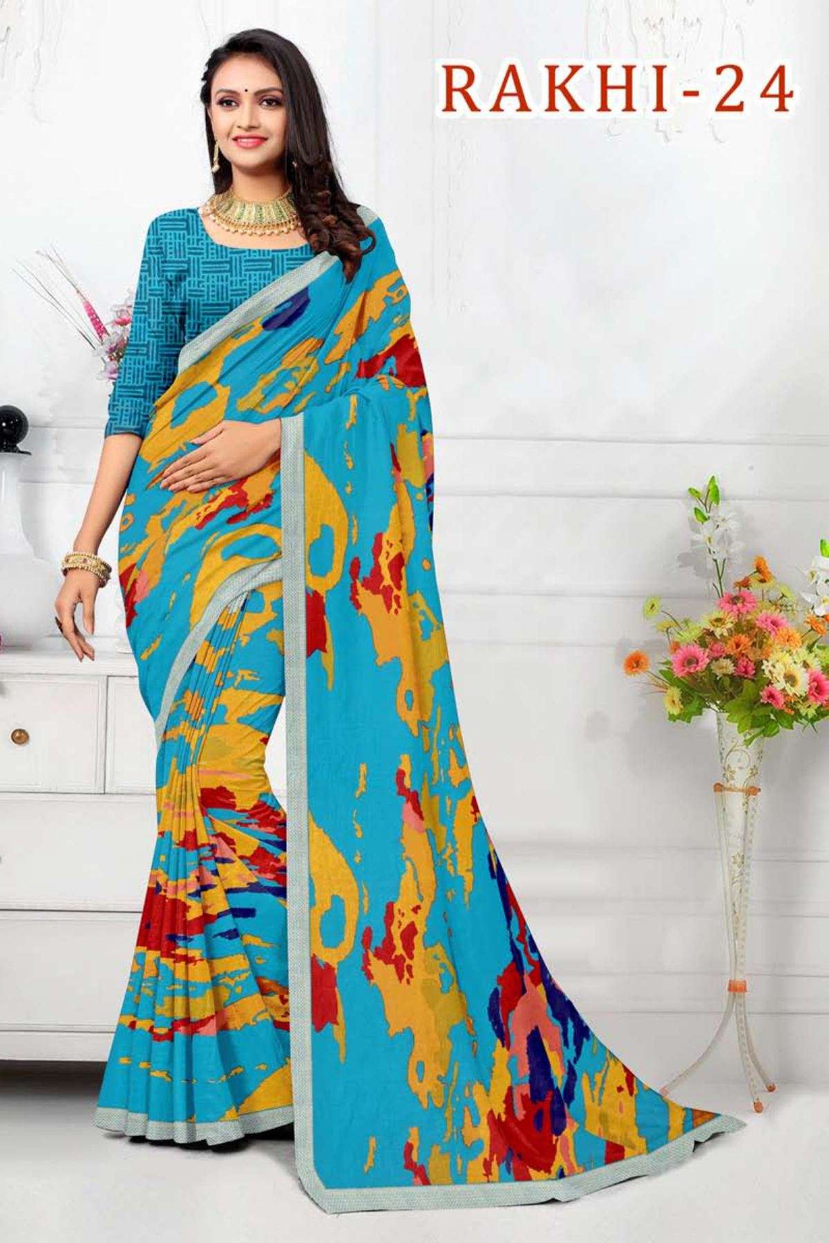 RAKHI-24 BY TEXOFAB IN RANIAL GEORGETTE ALL OVER PRINTED SAREE WITH BORDER 