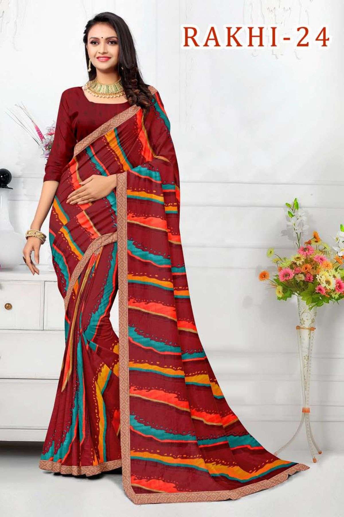 RAKHI-24 BY TEXOFAB IN RANIAL GEORGETTE ALL OVER PRINTED SAREE WITH BORDER 