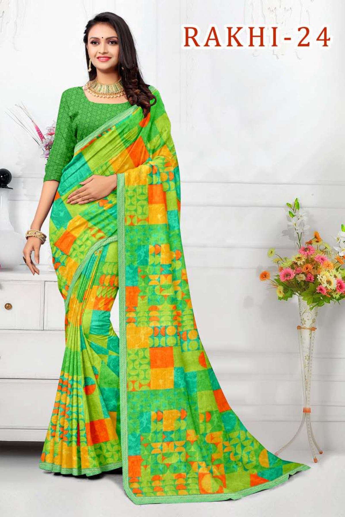 RAKHI-24 BY TEXOFAB IN RANIAL GEORGETTE ALL OVER PRINTED SAREE WITH BORDER 