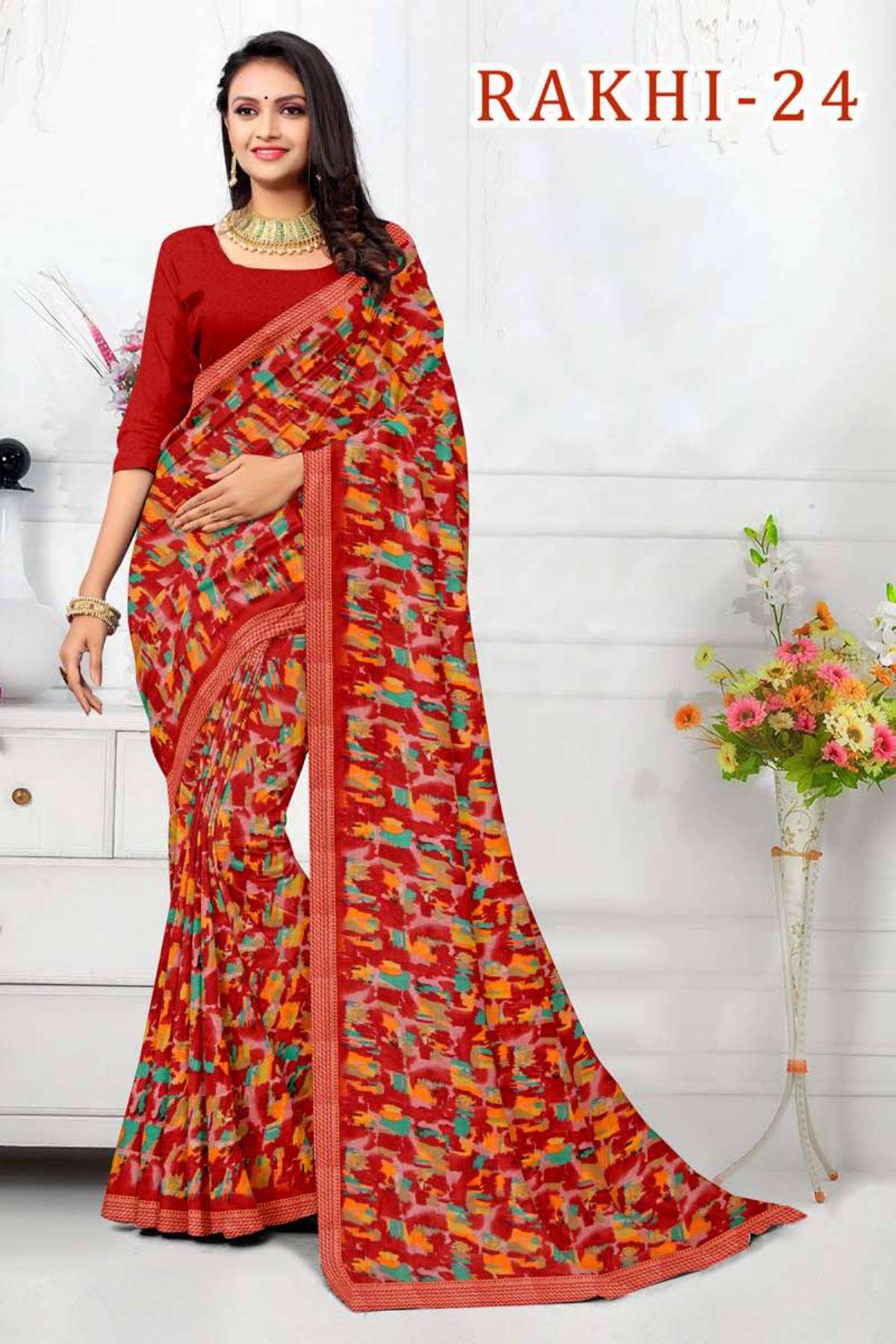 RAKHI-24 BY TEXOFAB IN RANIAL GEORGETTE ALL OVER PRINTED SAREE WITH BORDER 