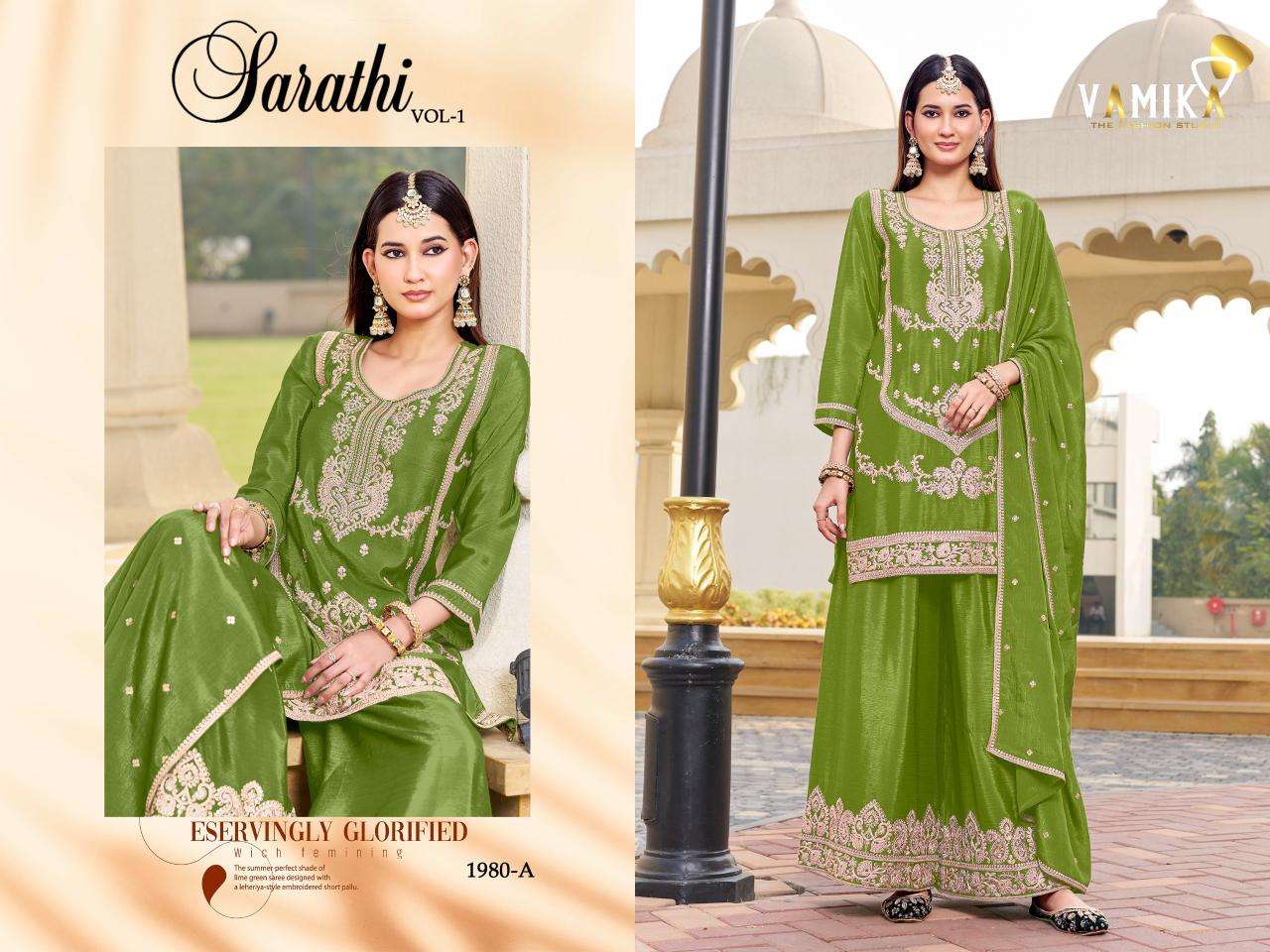 SARATHI VOL-1 BY VAMIKA IN HEAVY ATEX CHINON SILK WITH HEAVY EMBROIDERY WORK