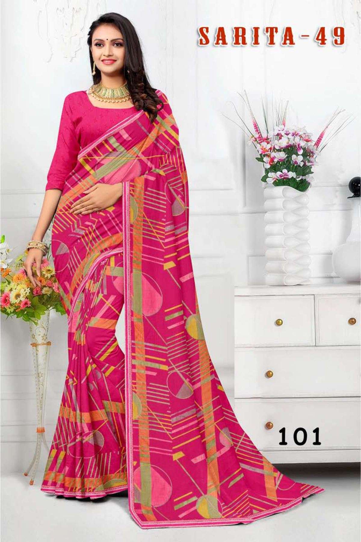SARITA-49 BY TEXOFAB IN RANIAL GEORGETTE ALL OVER PRINTED SAREE WITH BORDER 
