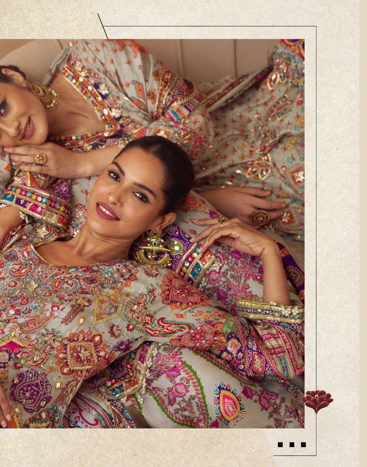 SARTHI BY SAYURI DESIGNER LATEST TRENDY NATURAL CREP PRINTED TOP AND PLAZZO GOTA PATTI 