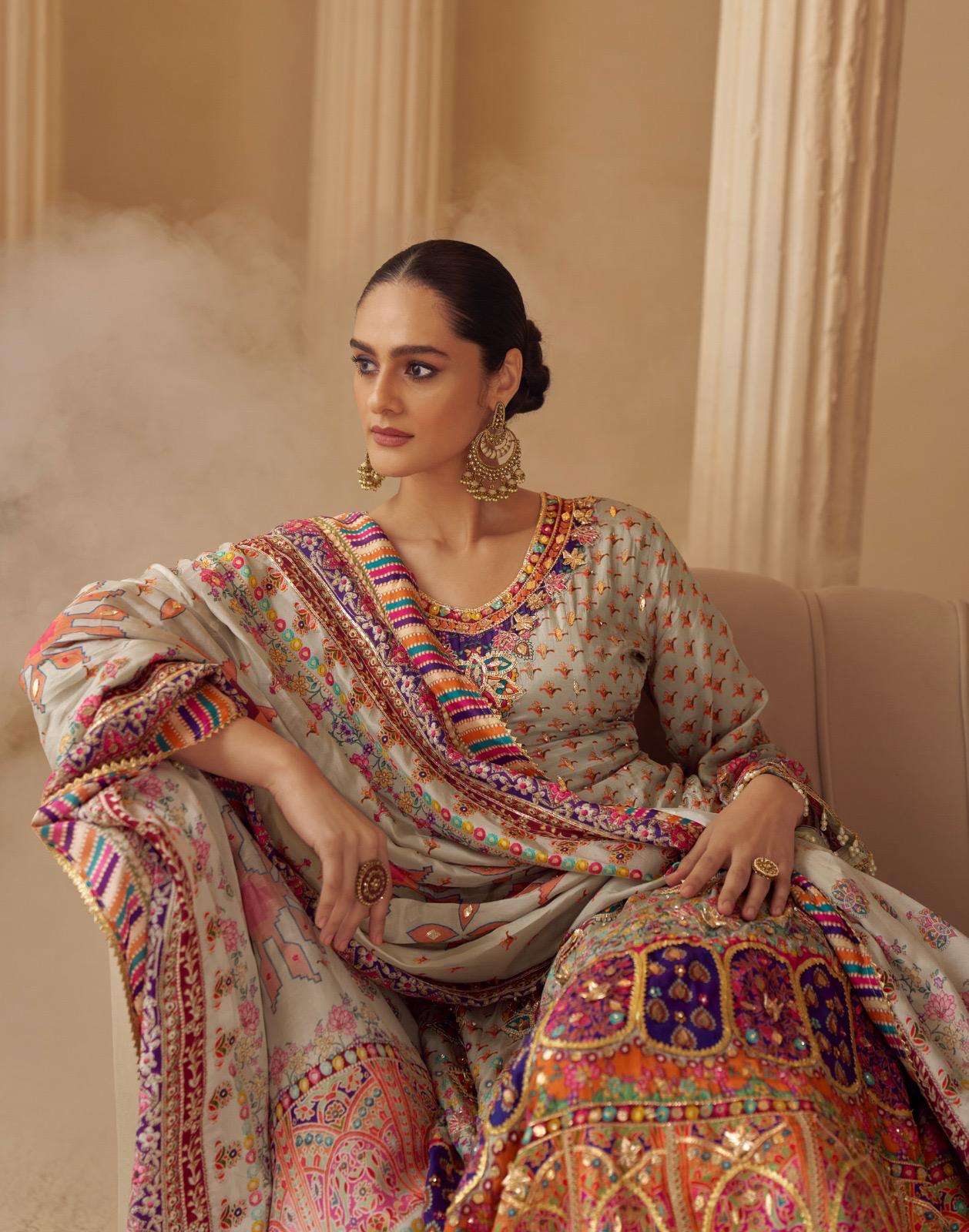 SARTHI BY SAYURI DESIGNER LATEST TRENDY NATURAL CREP PRINTED TOP AND PLAZZO GOTA PATTI 