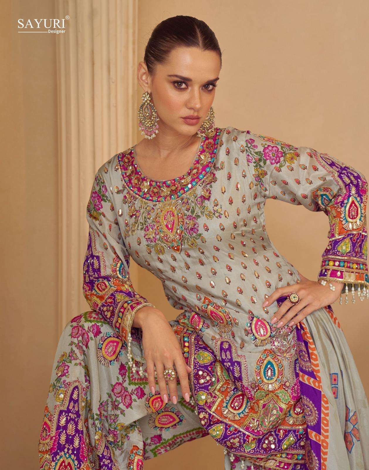 SARTHI BY SAYURI DESIGNER LATEST TRENDY NATURAL CREP PRINTED TOP AND PLAZZO GOTA PATTI 