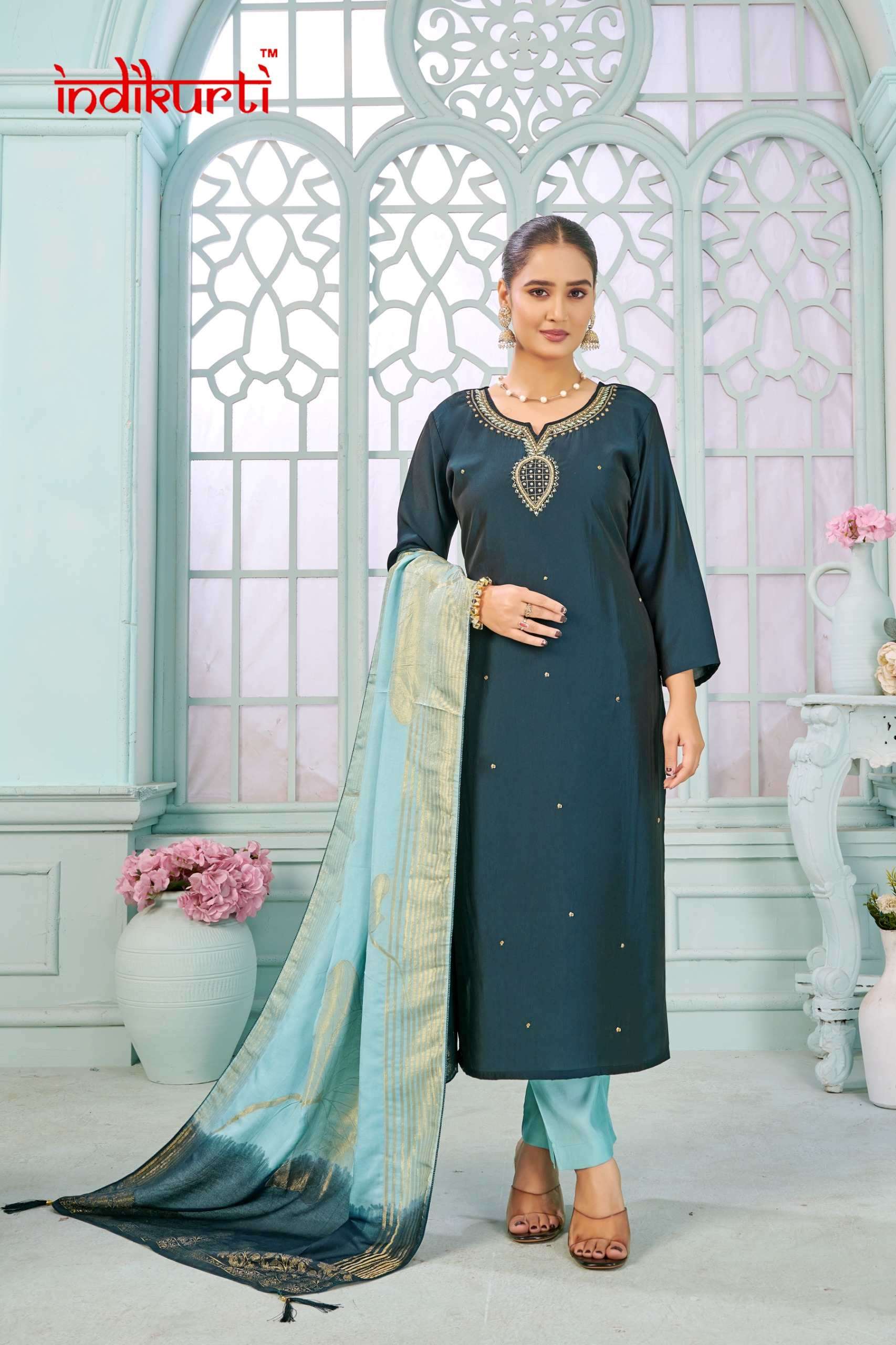SHIVANI BY INDIKURTI IN HEAVY RANGILA SILK KURTI PANT DUPATTA WITH HANDWORK 