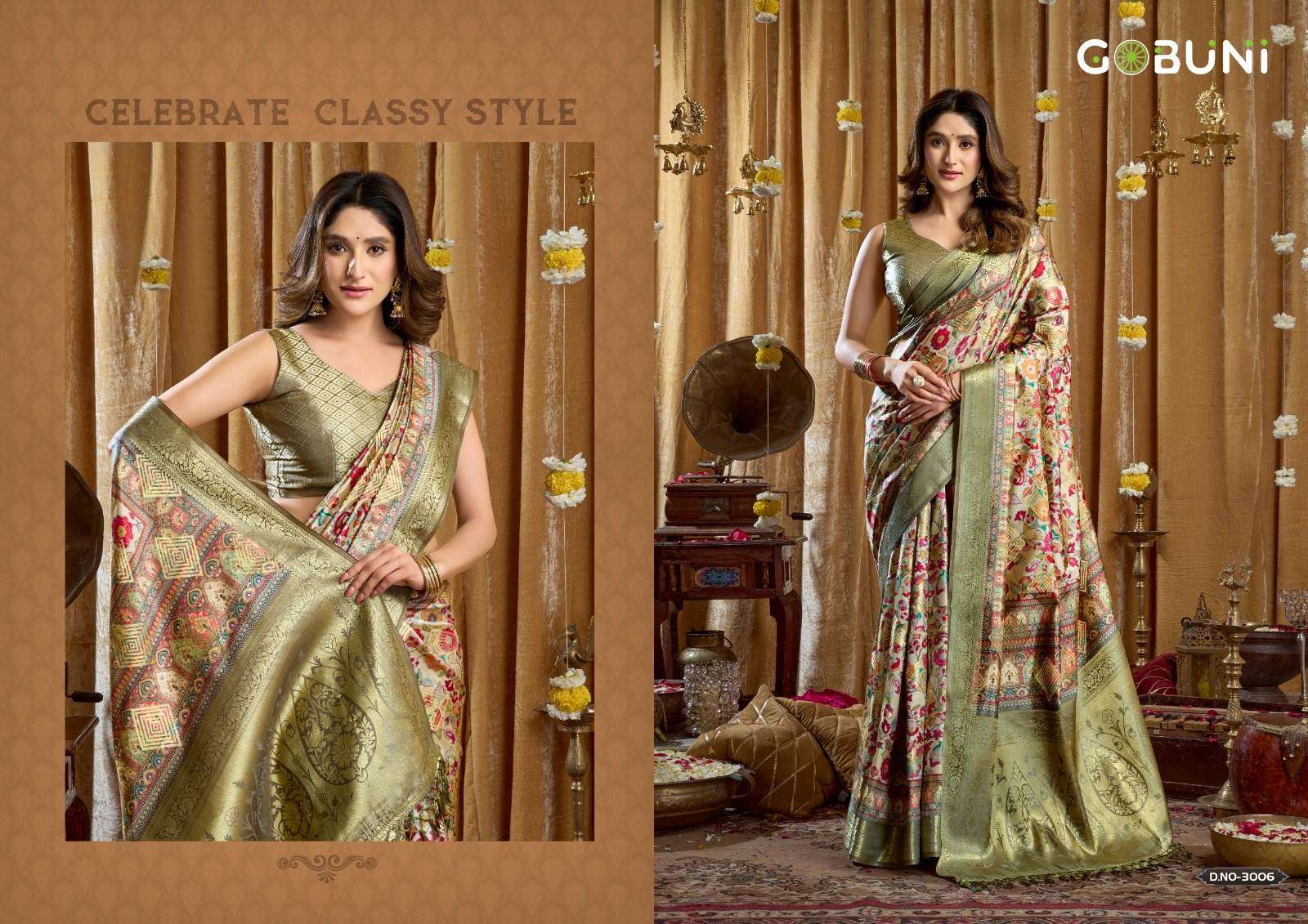 SIMRAN BY GOBUNI IN DIGITAL CLUSTER PRINT WITH BANARASI BORDER & TASSELS 