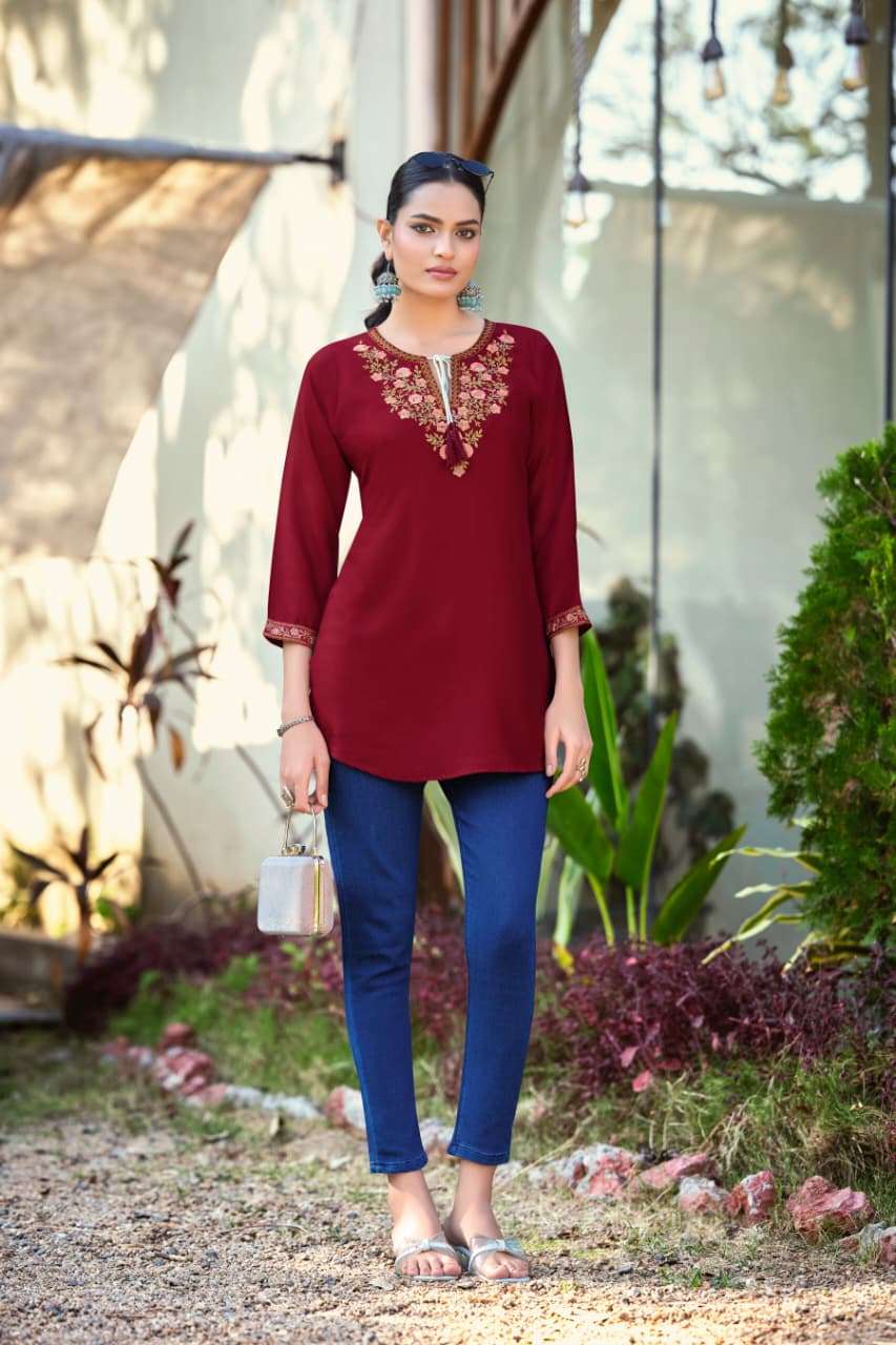 TWINKLE BY TIPS & TOPS IN HEAVY RAYON FANCY WESTERN SHORT KURTIS EMBROIDERY WORK 