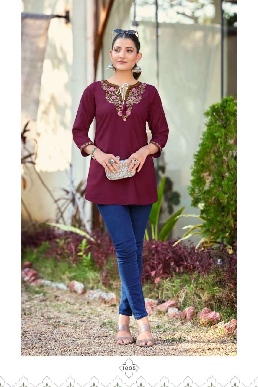 TWINKLE BY TIPS & TOPS IN HEAVY RAYON FANCY WESTERN SHORT KURTIS EMBROIDERY WORK 