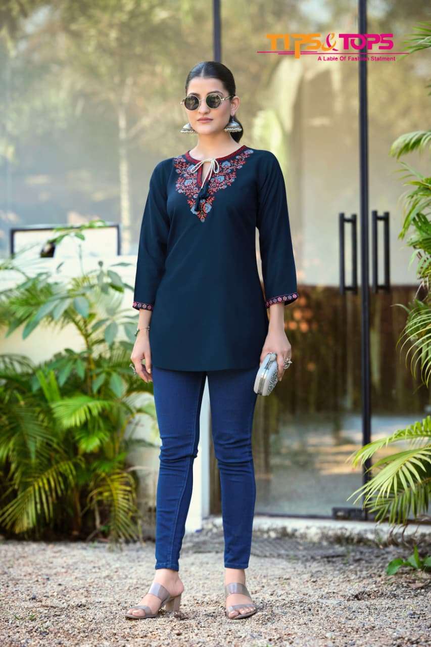 TWINKLE BY TIPS & TOPS IN HEAVY RAYON FANCY WESTERN SHORT KURTIS EMBROIDERY WORK 