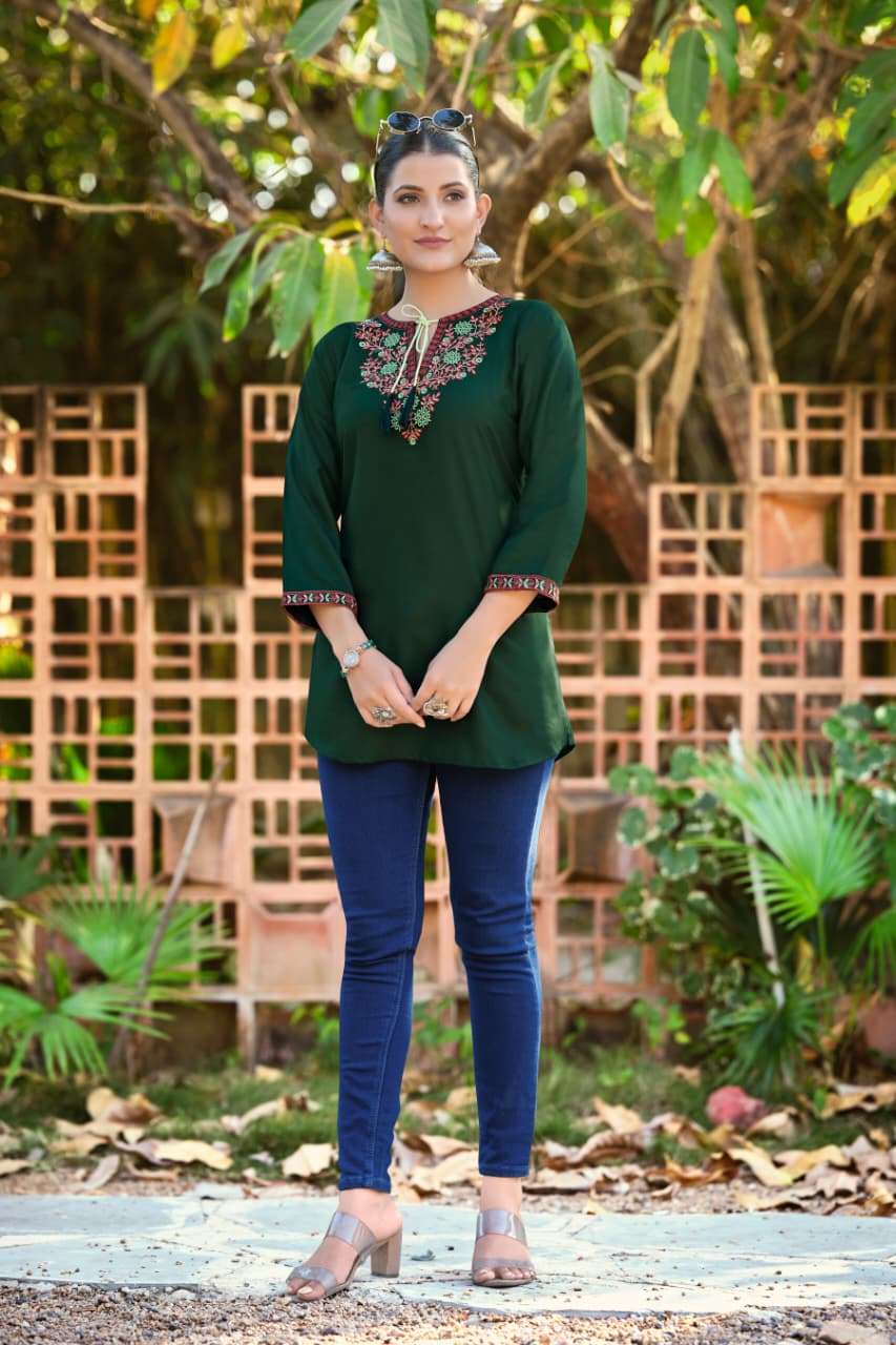 TWINKLE BY TIPS & TOPS IN HEAVY RAYON FANCY WESTERN SHORT KURTIS EMBROIDERY WORK 