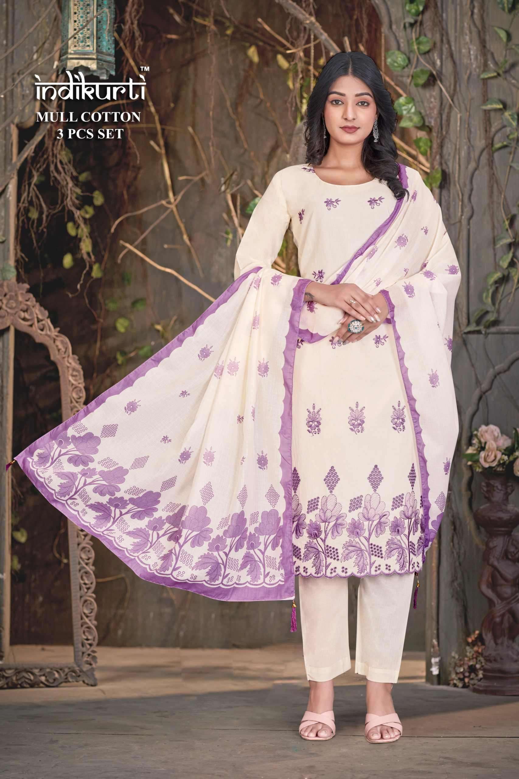 VOL-6 BY INDIKURTI IN MULL COTTON WITH HEAVY EMBROIDERY WITH BORER 