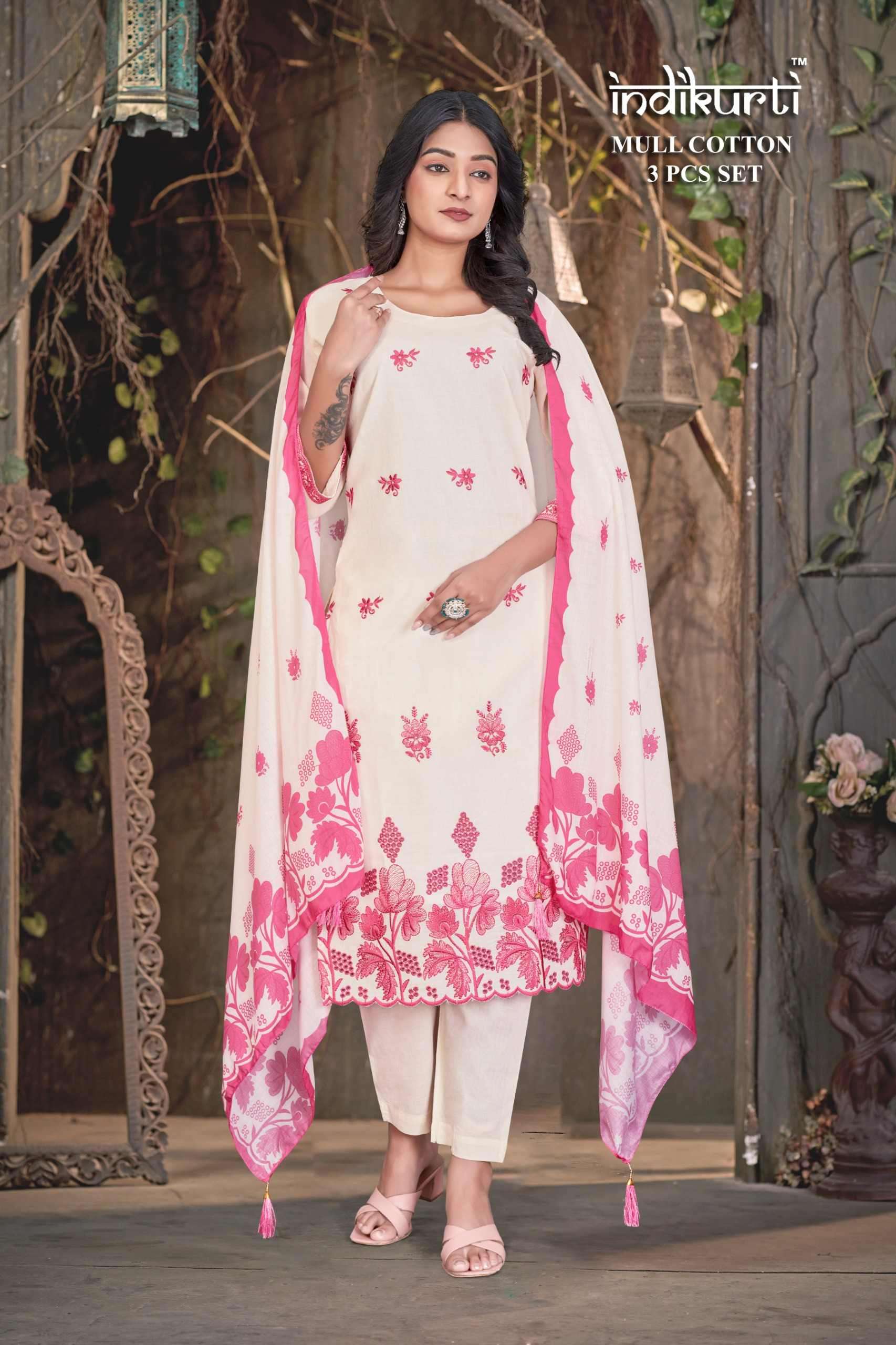 VOL-6 BY INDIKURTI IN MULL COTTON WITH HEAVY EMBROIDERY WITH BORER 