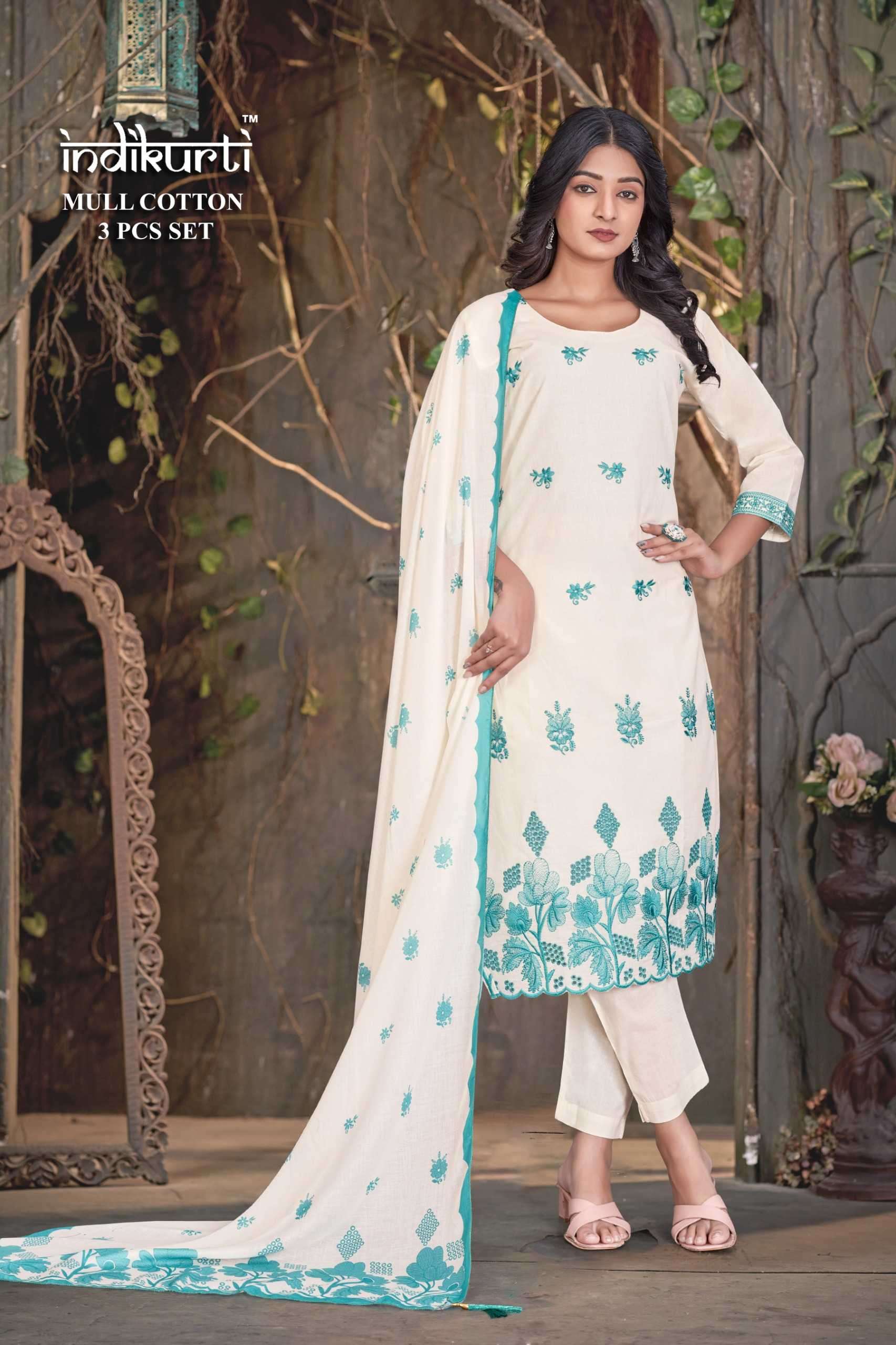 VOL-6 BY INDIKURTI IN MULL COTTON WITH HEAVY EMBROIDERY WITH BORER 