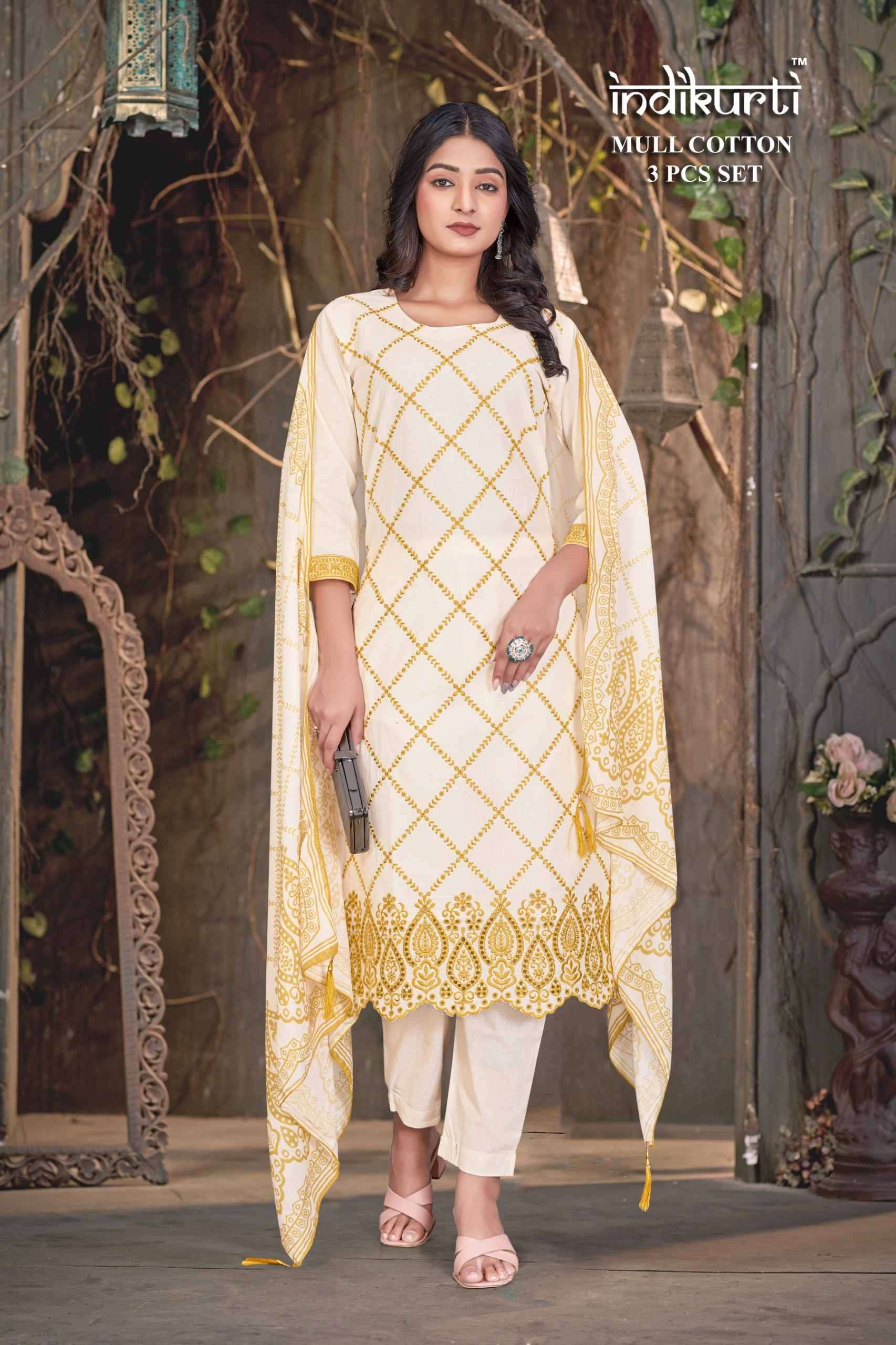 VOL-7 BY INDIKURTI IN MULL COTTON WITH HEAVY EMBROIDERY WITH BORER 