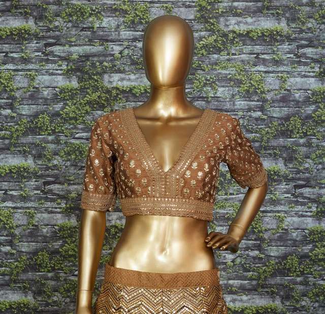 ANTIQUE GOLD BRIDAL LEHENGA WITH HEAVY EMBROIDERY AND NET DUPATTA