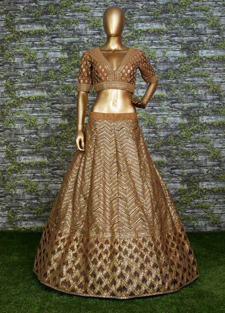 ANTIQUE GOLD BRIDAL LEHENGA WITH HEAVY EMBROIDERY AND NET DUPATTA