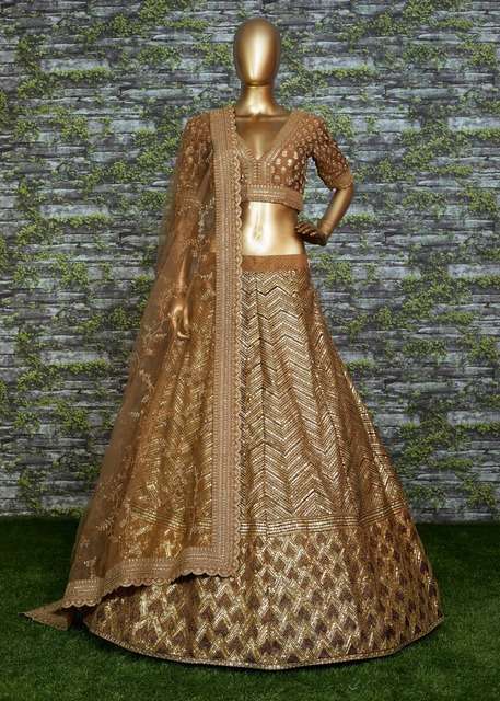 ANTIQUE GOLD BRIDAL LEHENGA WITH HEAVY EMBROIDERY AND NET DUPATTA