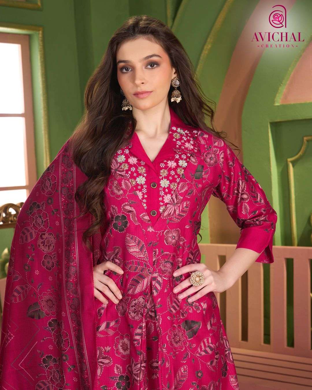  AVICHAL CREATION LAUNCH BERLIN PRINT WITH EMBROIDERY WORK AND BEADS WORK ANARKALI STYLE DRESS          