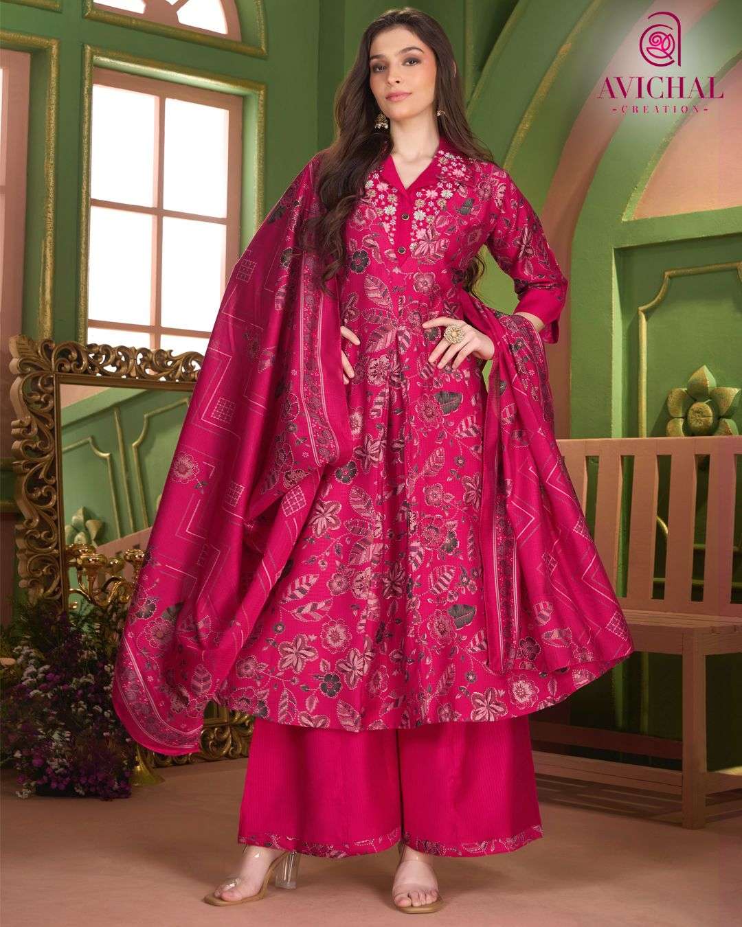  AVICHAL CREATION LAUNCH BERLIN PRINT WITH EMBROIDERY WORK AND BEADS WORK ANARKALI STYLE DRESS          