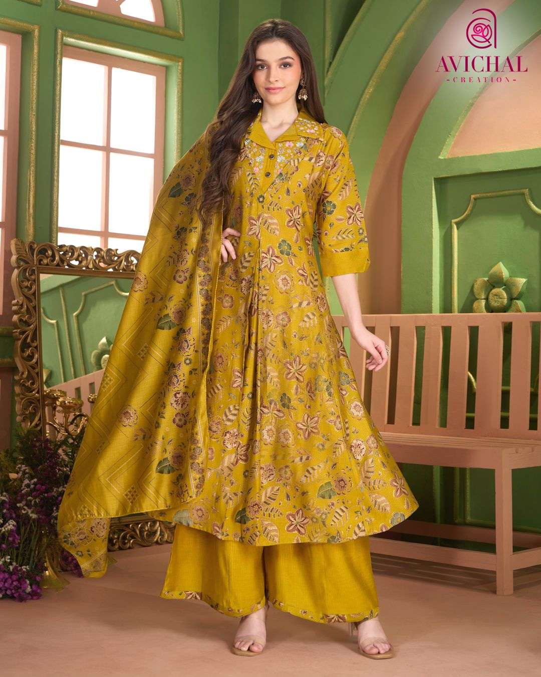  AVICHAL CREATION LAUNCH BERLIN PRINT WITH EMBROIDERY WORK AND BEADS WORK ANARKALI STYLE DRESS          