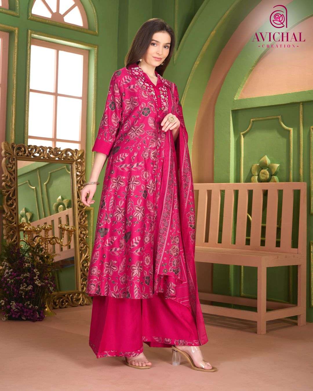  AVICHAL CREATION LAUNCH BERLIN PRINT WITH EMBROIDERY WORK AND BEADS WORK ANARKALI STYLE DRESS          