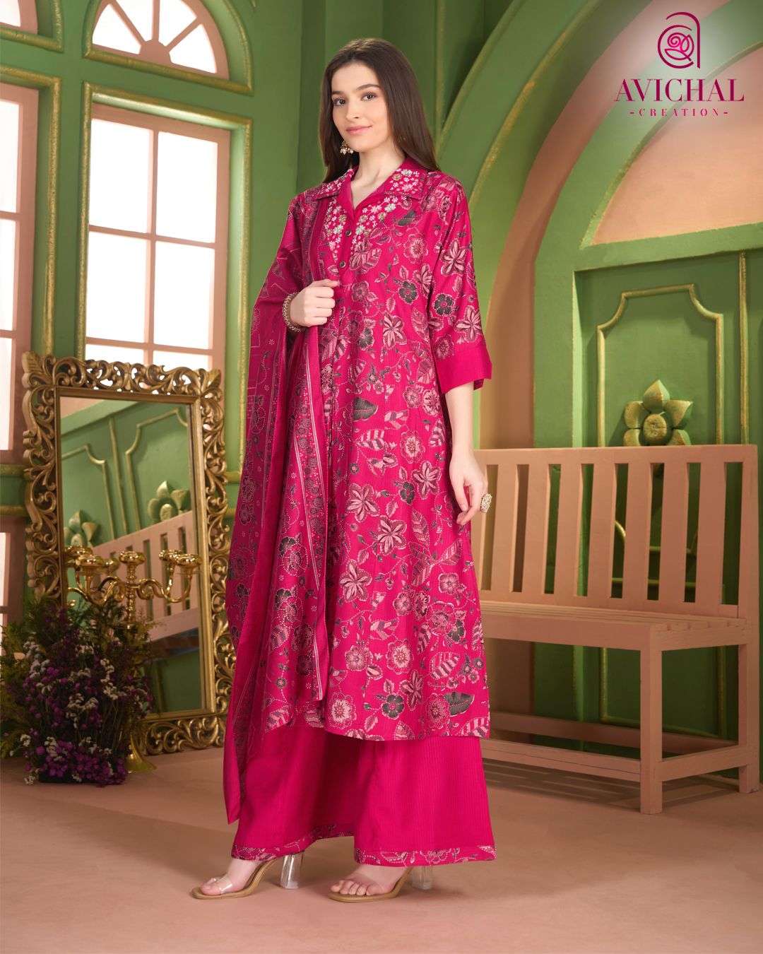  AVICHAL CREATION LAUNCH BERLIN PRINT WITH EMBROIDERY WORK AND BEADS WORK ANARKALI STYLE DRESS          
