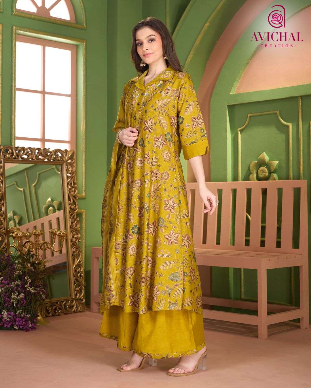  AVICHAL CREATION LAUNCH BERLIN PRINT WITH EMBROIDERY WORK AND BEADS WORK ANARKALI STYLE DRESS          