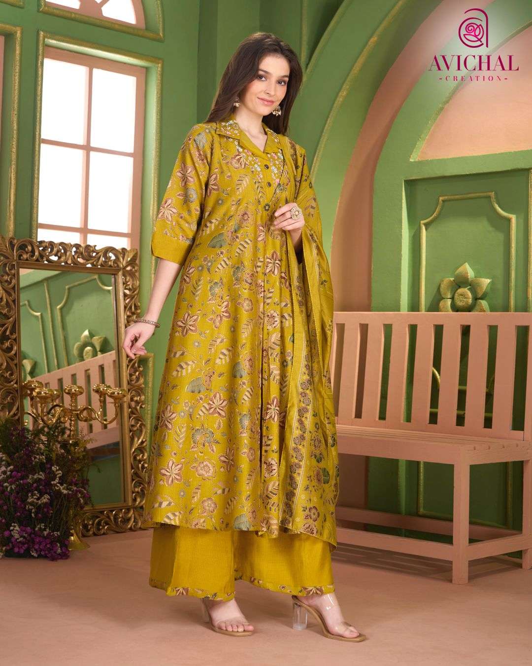  AVICHAL CREATION LAUNCH BERLIN PRINT WITH EMBROIDERY WORK AND BEADS WORK ANARKALI STYLE DRESS          