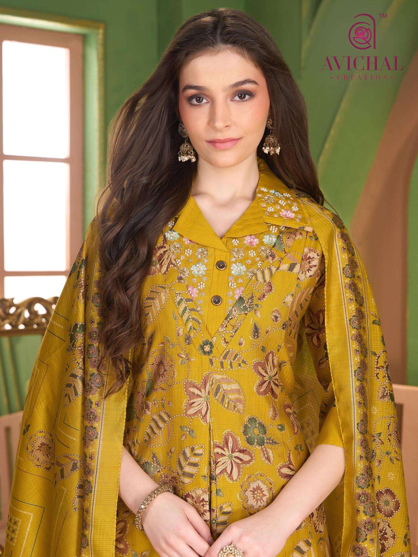  AVICHAL CREATION LAUNCH BERLIN PRINT WITH EMBROIDERY WORK AND BEADS WORK ANARKALI STYLE DRESS          