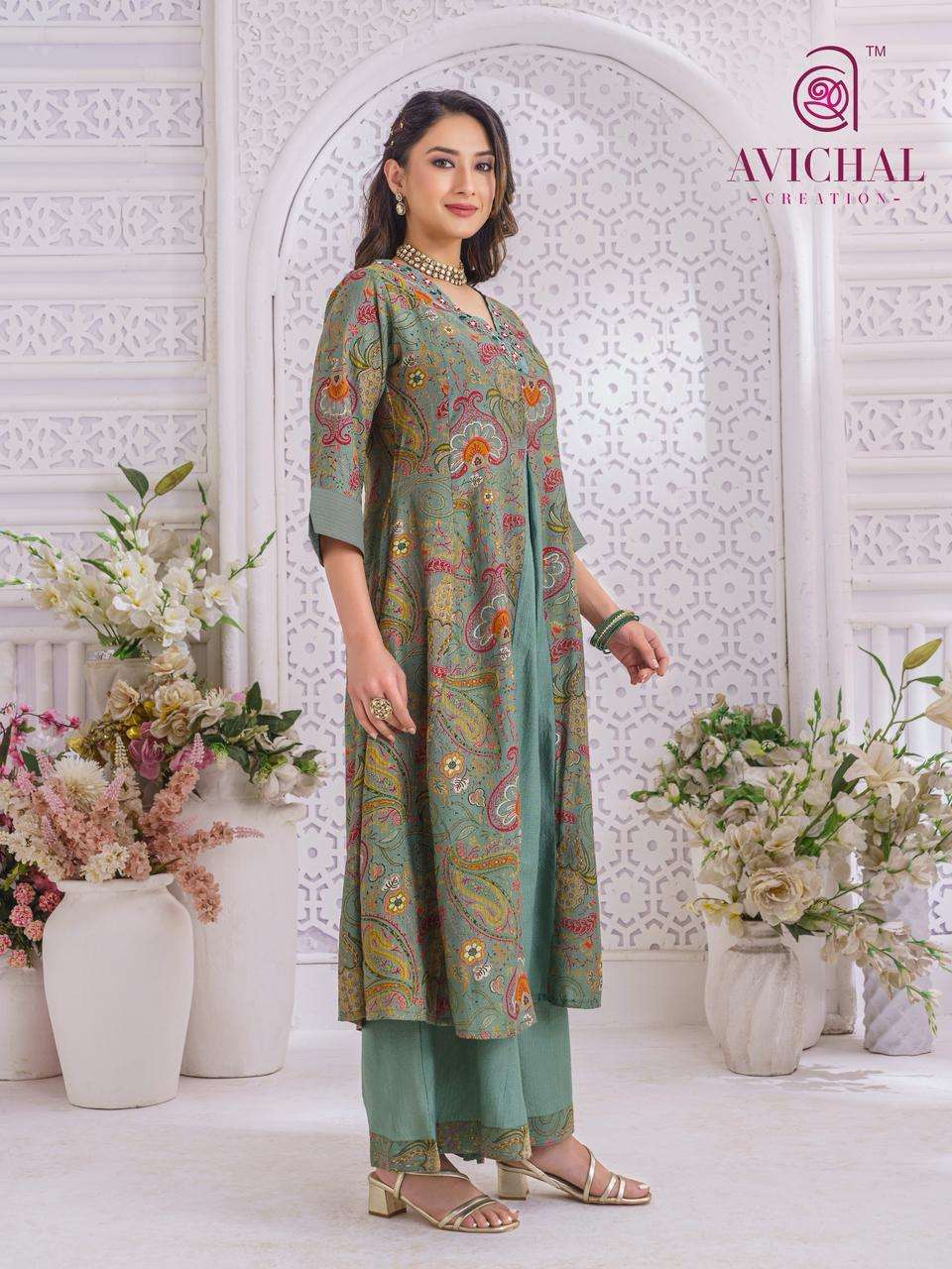 AVICHAL CREATION LAUNCH BERLIN PRINTED WITH EMBROIDERY AND HANDWORK KURTI SET             