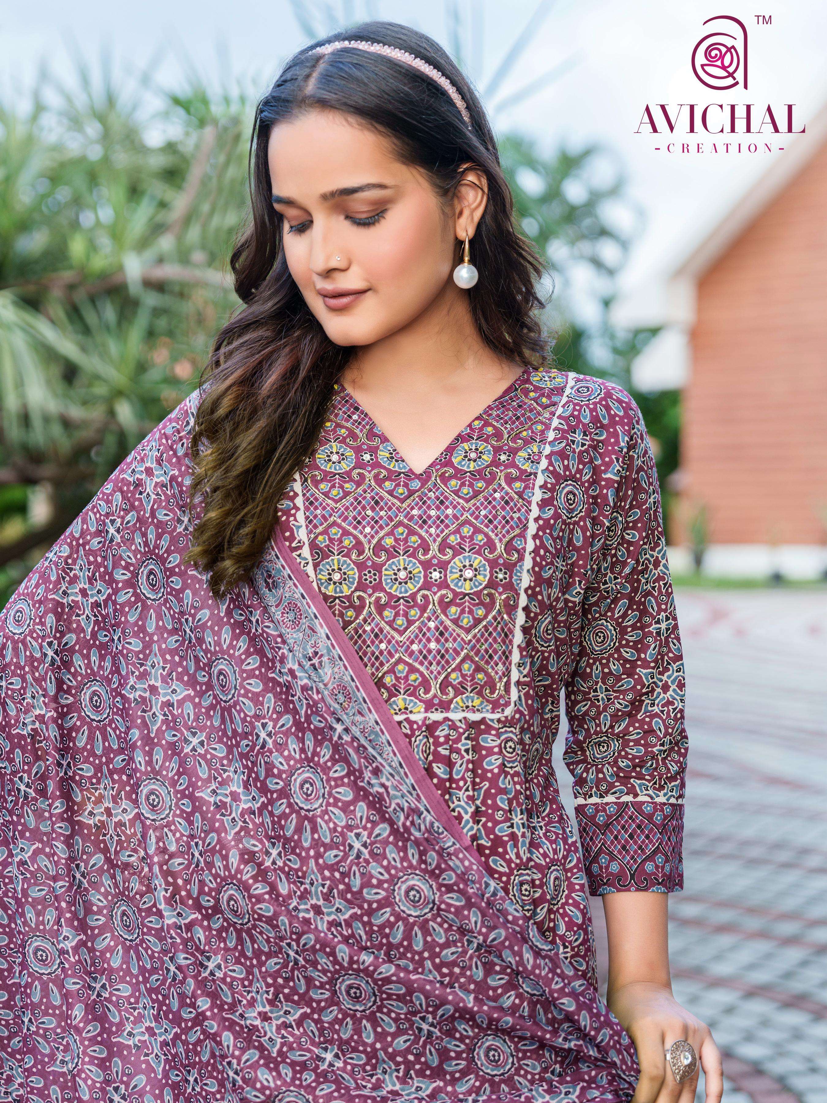 AVICHAL CREATION LAUNCH PURE COTTON PRINTED FABRIC WITH DELICATE HANDWORK KURTI SET COLLECTION