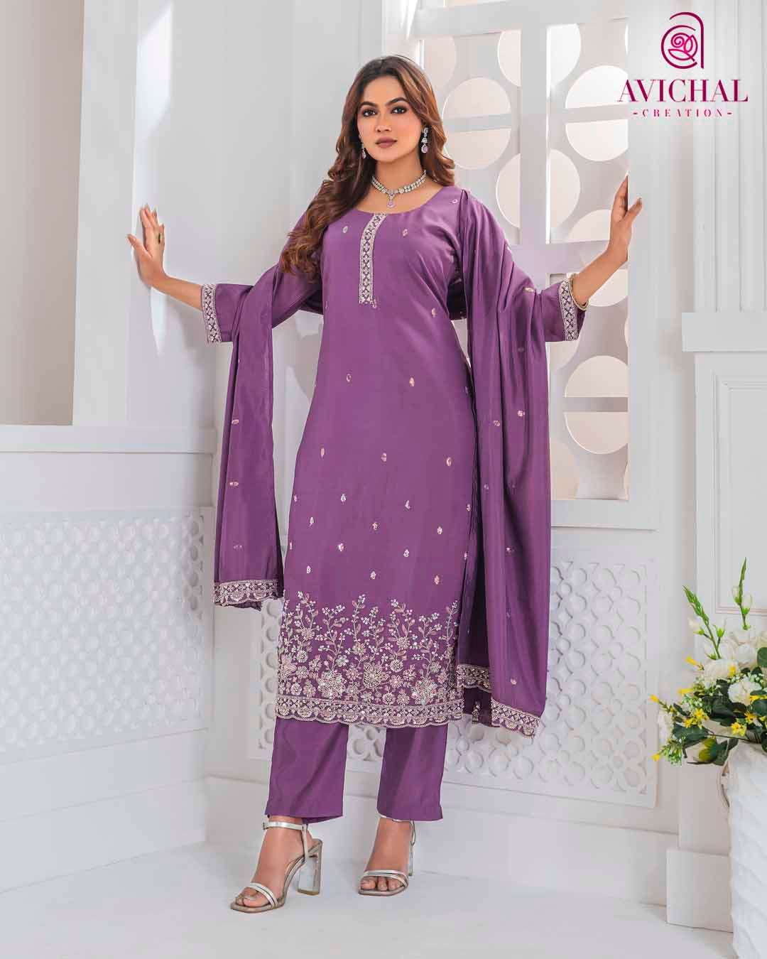 AVICHAL CREATION LAUNCHING ROMAN SILK WITH BEADS WORK KURTI SET