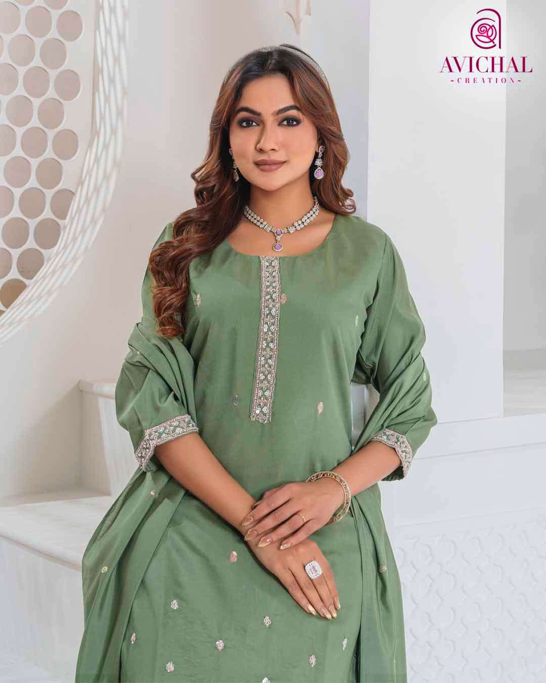 AVICHAL CREATION LAUNCHING ROMAN SILK WITH BEADS WORK KURTI SET