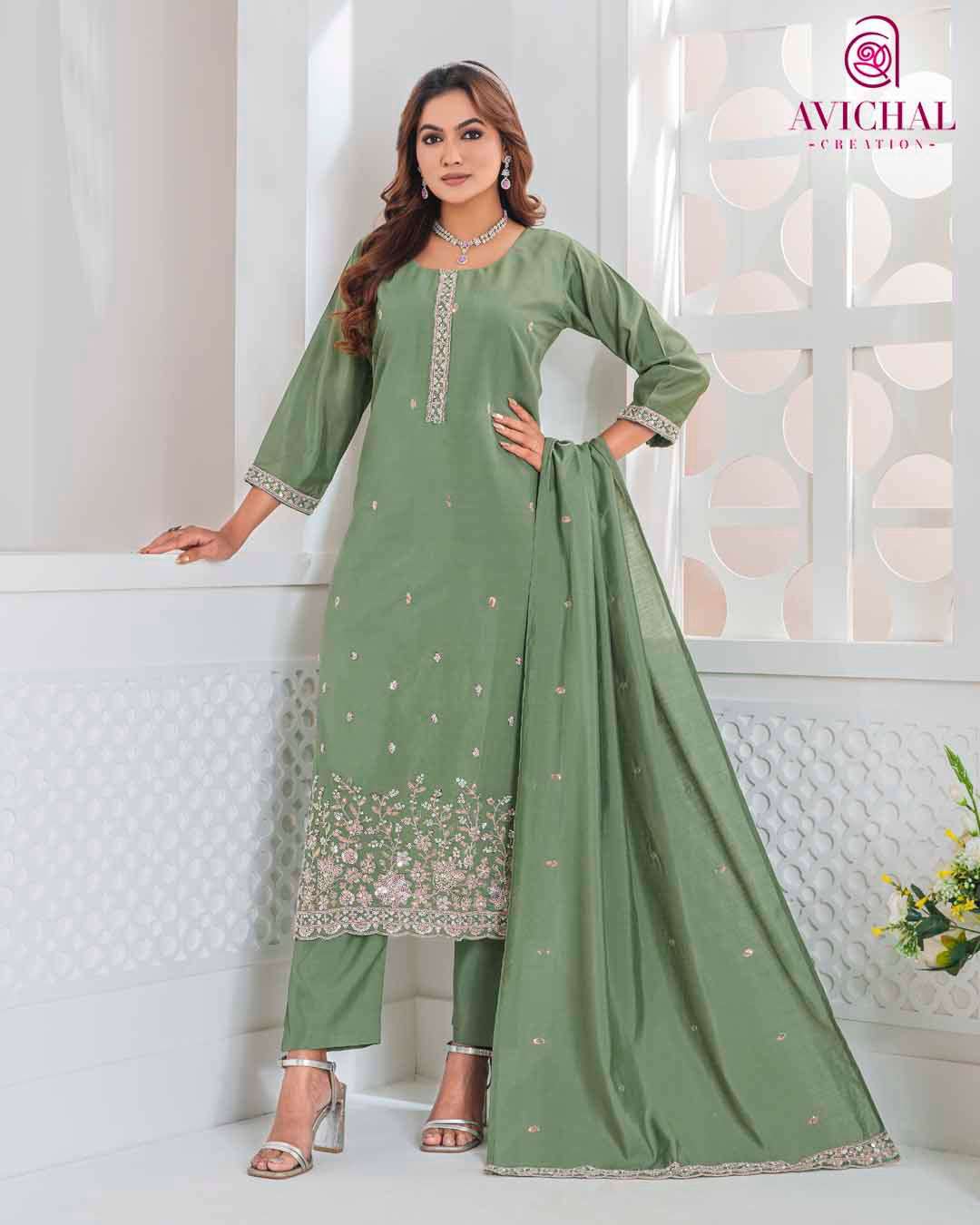 AVICHAL CREATION LAUNCHING ROMAN SILK WITH BEADS WORK KURTI SET