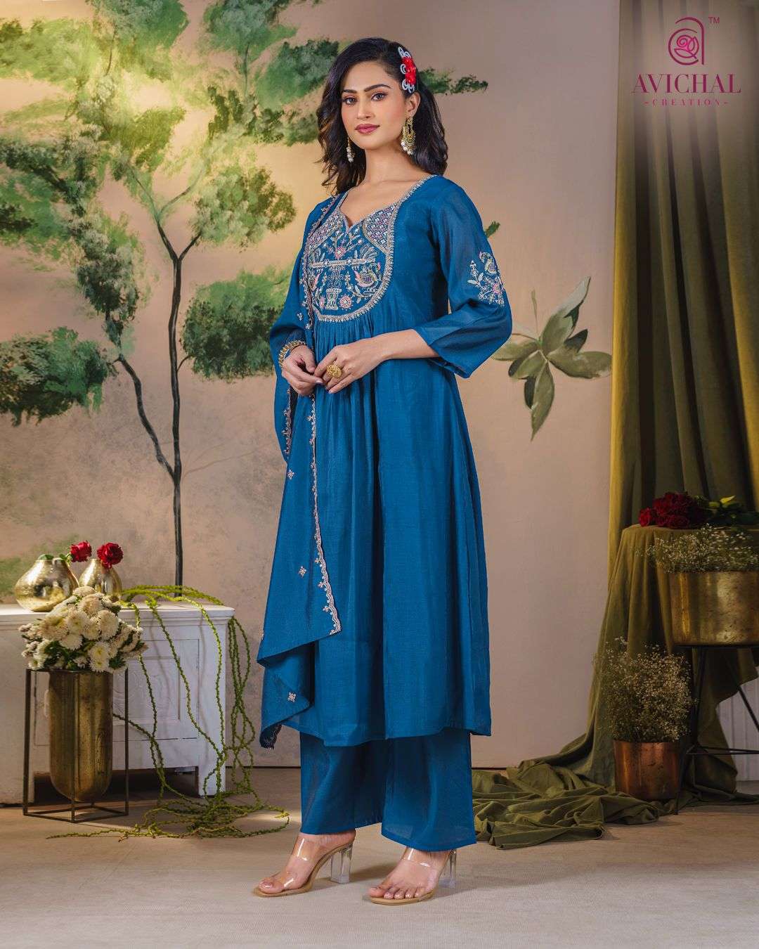 AVICHAL CREATION MAL CHANDERI WITH EMBROIDERY WORK AND HAND WORK         