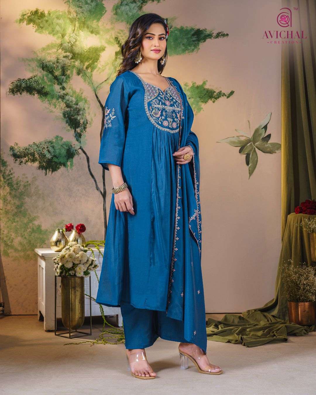 AVICHAL CREATION MAL CHANDERI WITH EMBROIDERY WORK AND HAND WORK         