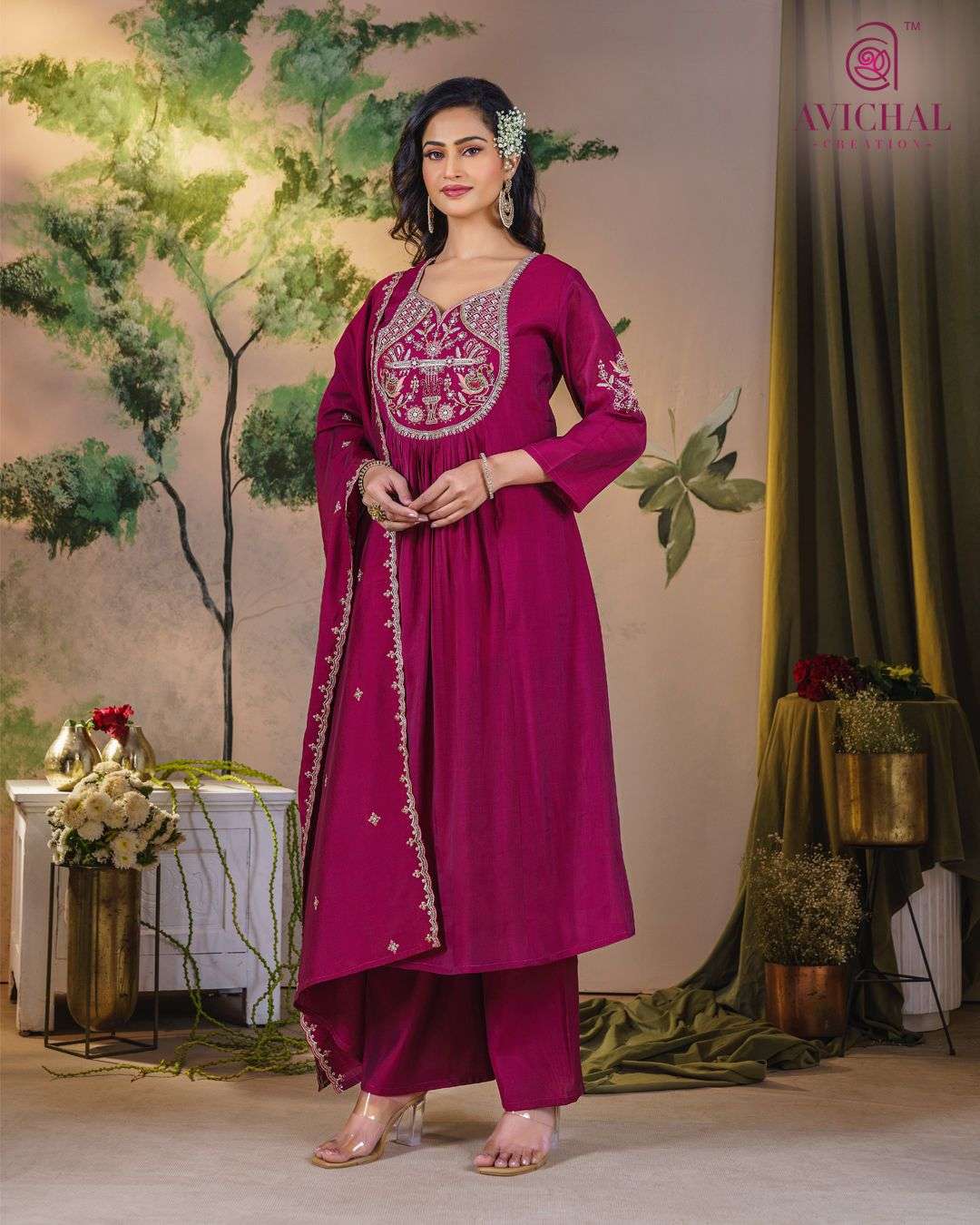 AVICHAL CREATION MAL CHANDERI WITH EMBROIDERY WORK AND HAND WORK         