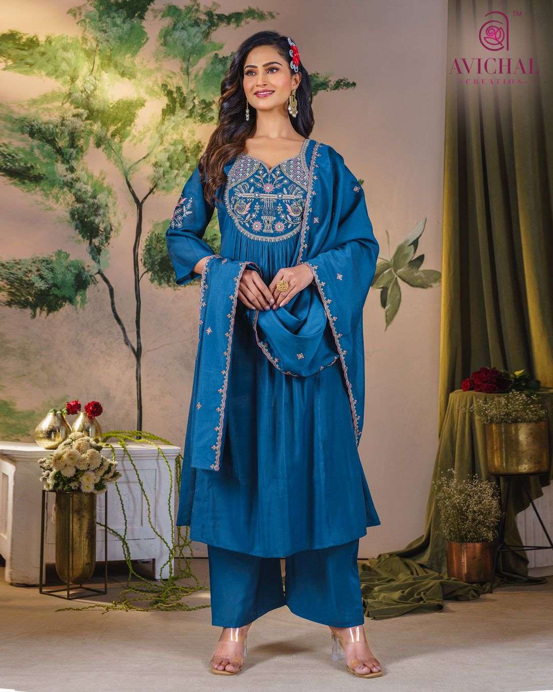 AVICHAL CREATION MAL CHANDERI WITH EMBROIDERY WORK AND HAND WORK         