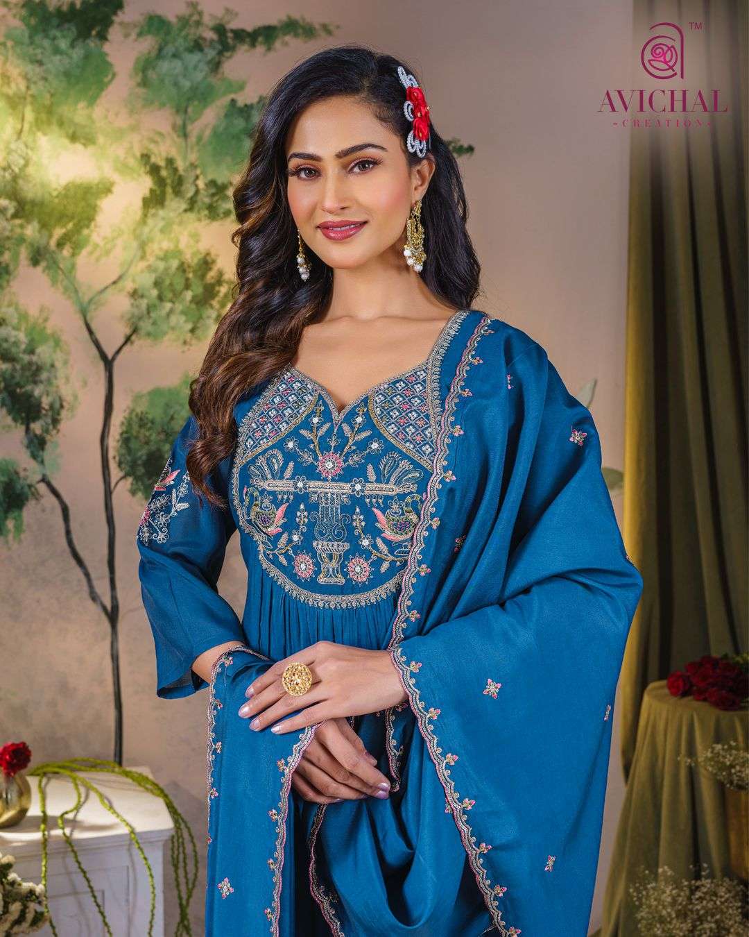 AVICHAL CREATION MAL CHANDERI WITH EMBROIDERY WORK AND HAND WORK         