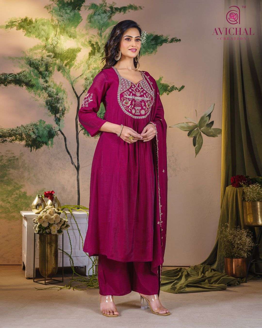AVICHAL CREATION MAL CHANDERI WITH EMBROIDERY WORK AND HAND WORK         