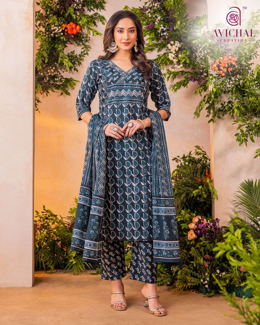 AVICHAL CREATION PURE COTTON PRINTED FABRIC WITH DELICATE HAND MIRROR WORK KURTI SET     