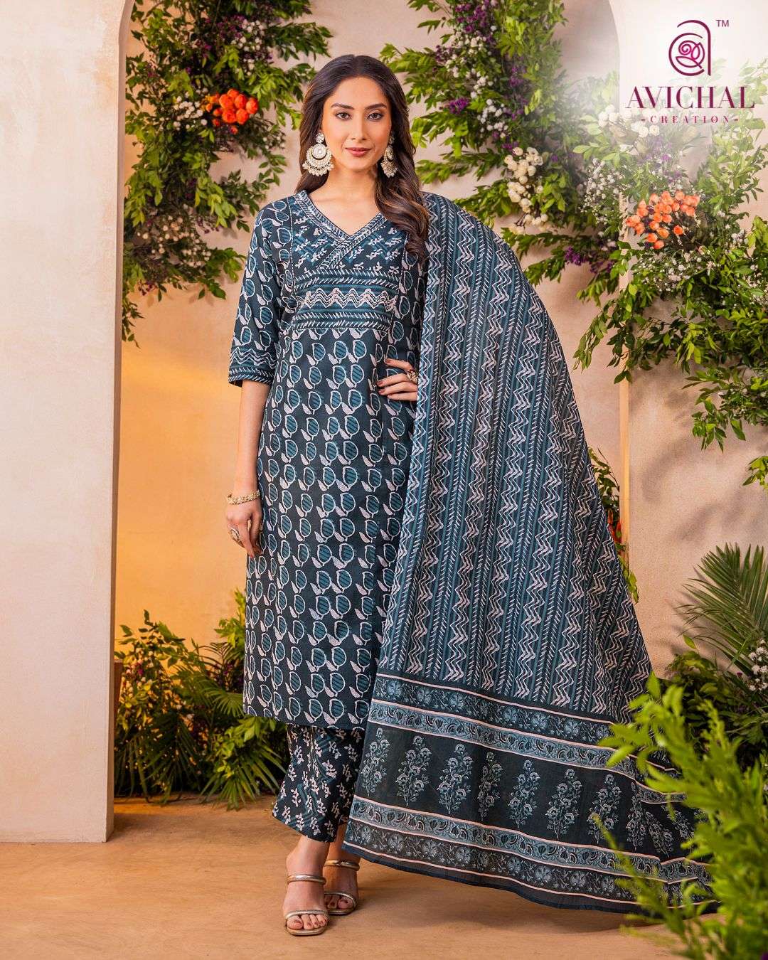 AVICHAL CREATION PURE COTTON PRINTED FABRIC WITH DELICATE HAND MIRROR WORK KURTI SET     