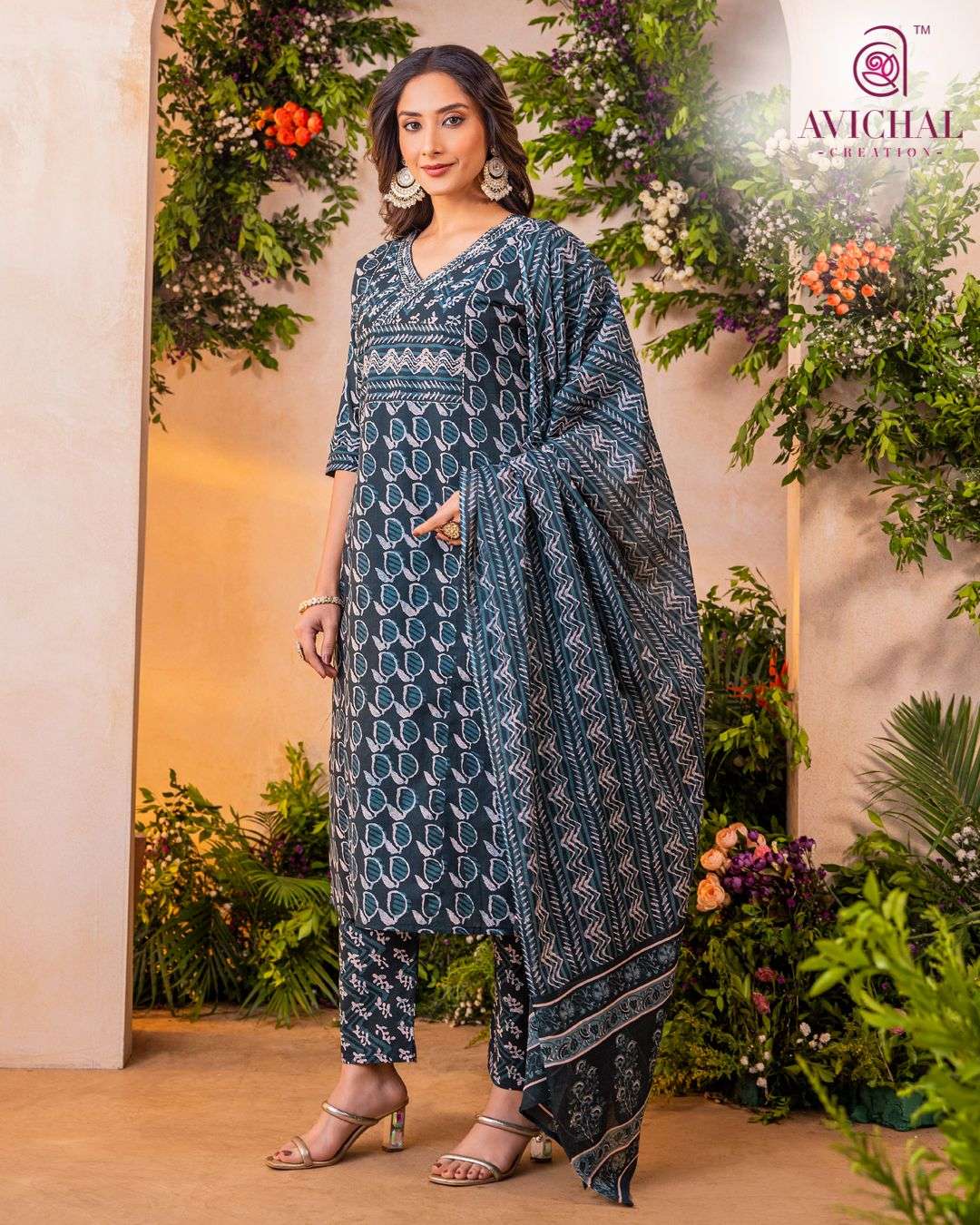 AVICHAL CREATION PURE COTTON PRINTED FABRIC WITH DELICATE HAND MIRROR WORK KURTI SET     