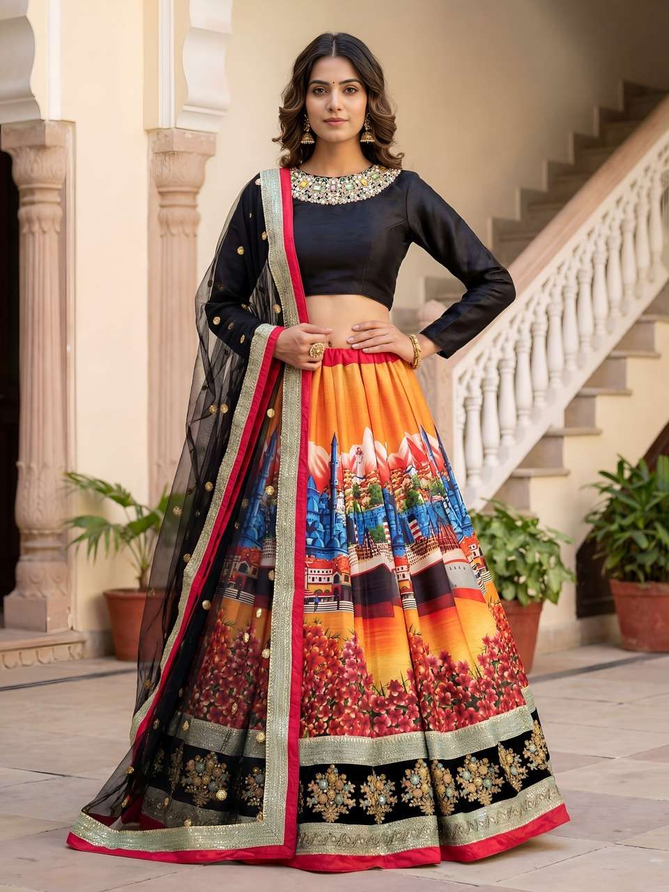  BLACK BLOUSE WITH DIGITAL PRINTED SCENIC LEHENGA CHOLI