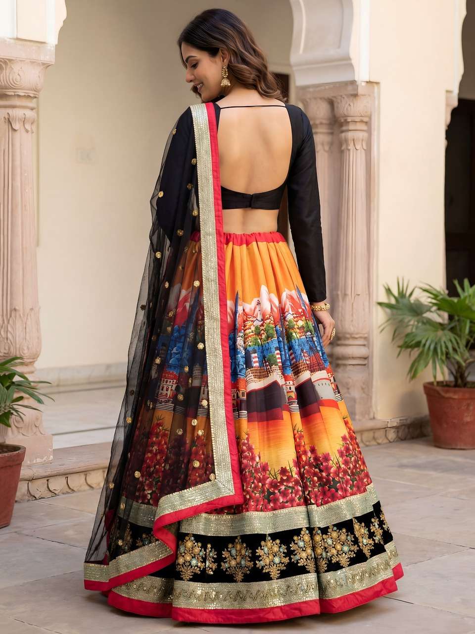  BLACK BLOUSE WITH DIGITAL PRINTED SCENIC LEHENGA CHOLI